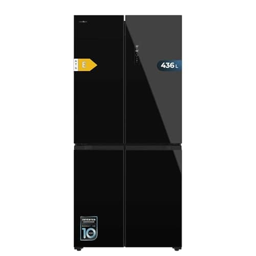 Cecotec Frigorifero Americano 4 Porte Bolero CoolMarket 4D 436 Black Glass E. 436L, Cross Door, Inverter Plus, NoFrost, Metal Cooling, Fast Cooling/Freezing, Classe E, Multi Airflow, Vacanza