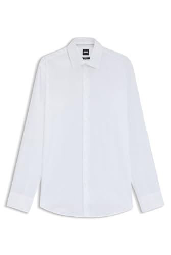 BOSS Herren H-HANK-C1-214 Slim-Fit Hemd aus elastischer Baumwoll-Popeline mit bügelleichtem Finish Weiß 38