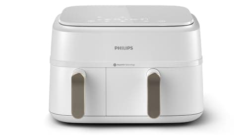 Philips Airfryer Dual Basket 3000 Series Hot Air Fryer, 9L, 2 Baskets, 2 Dishes Simultaneously, RapidAir Plus Technology, 90% Less Fat, Energy Efficient, HomeID App, White (NA353/10)