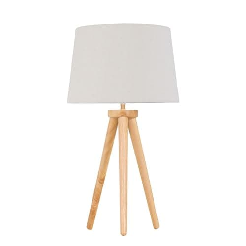 Modern Light Oak Table Lamp or Bedside Light, Wood Tripod Design, Natural Linen Shade