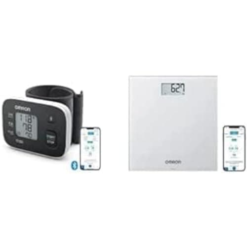 OMRON RS3 Intelli IT Wrist Blood Pressure Monitor Clinically Validated + OMRON HN300T2 Intelli IT Smart Digital Bathroom Scale with Free App for iOS/Android Grey