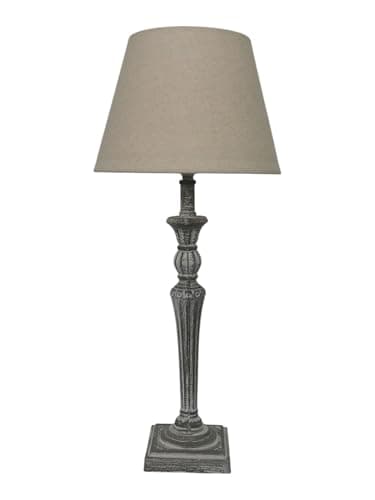 AcaciaHome Modern Tall Wooden Washed Table Lamp - Traditional Shabby Chic Design with Taupe Linen Shade, Wood Effect Finish for Living Rooms, Bedrooms, or Hallways Decor (32cm Grey with Cream Shade)