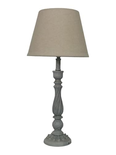 AcaciaHome Modern Tall Wooden Washed Table Lamp - Traditional Shabby Chic Design with Taupe Linen Shade, Wood Effect Finish for Living Rooms, Bedrooms, or Hallways Decor (41cm Grey with Cream Shade)