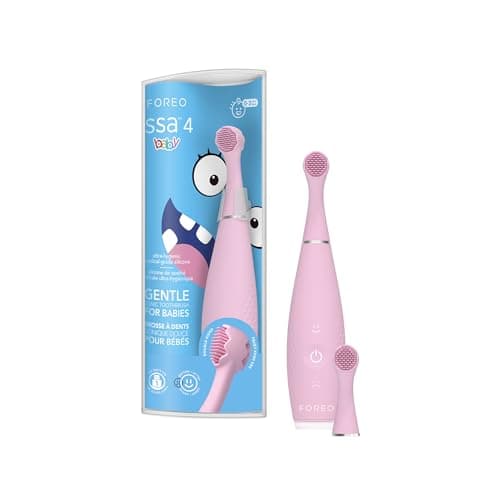 FOREO ISSA 4 Baby – Cepillo de dientes sónico de silicona para bebés y niños pequeños, cerdas ultrasuaves, masaje encías, temporizador LED, recargable USB, cepillo viaje impermeable - Pearl Pink