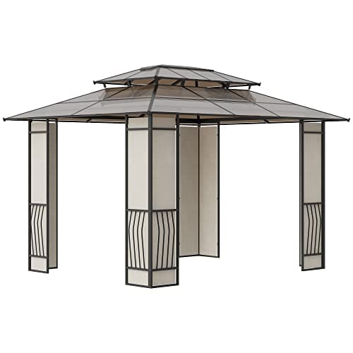 Outsunny Gazebo da Giardino 3.7x3m con Tetto in Policarbonato a 2 Livelli, Struttura Acciaio e Alluminio, Marrone