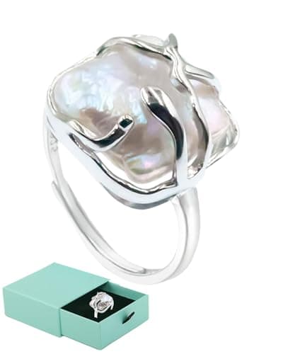 IPNSDON 1 pieza Anillo de plata de perlas irregulares para mujer, elegante anillo barroco de perlas de plata de ley 925 con 1 caja de regalo, anillo de moda y personalizado para aniversarios