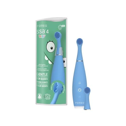 FOREO ISSA 4 Baby – Silicone Sonic Electric Toothbrush Bundle for Babies, 2-Sided Bristles, Fun Smile Feature, Gum Massage, 12 Months of Care with Extra Electric Toothbrush Head, Bubble Blue