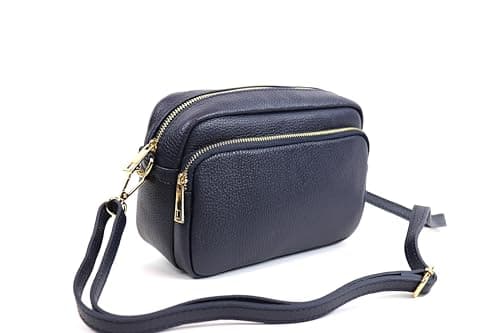 Lusso in pelle Double Zip Genuine Italian Leather Handbag - Handmade Leather Crossbody Bag - Elegant Women's Handbag (Navy)