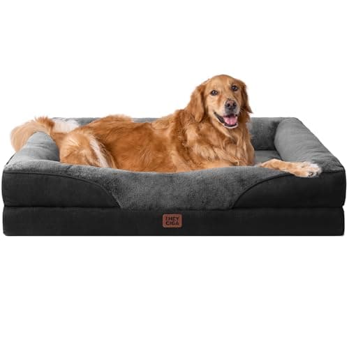 EHEYCIGA Orthopädisches Hundebett Grosse Hunde, 106.5x76x18.5cm, Memory Foam Waschbar und Wasserdicht Hundekorb mit 4 Rändern, Hundesofa Hundecouch rutschfest, Grau/Schwarz