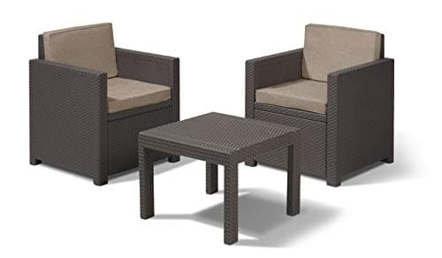 Keter Allibert by Victoria Balcony - Set di mobili da Balcone, 3 Pezzi, con Cuscino per Seduta e Schiena, in plastica, Effetto Rattan Piatto, Colore: Marrone/Tortora
