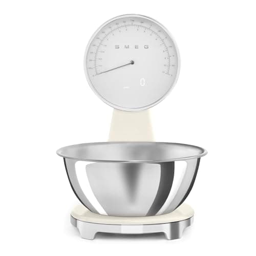 Smeg, báscula de cocina digital y analógica KSF01PBWW, cuenco extraíble de acero inoxidable de 1,8 L, cuatro unidades de medición g/ml y lb.oz/fl.oz, con función tara, capacidad máxima de 5 kg, crema
