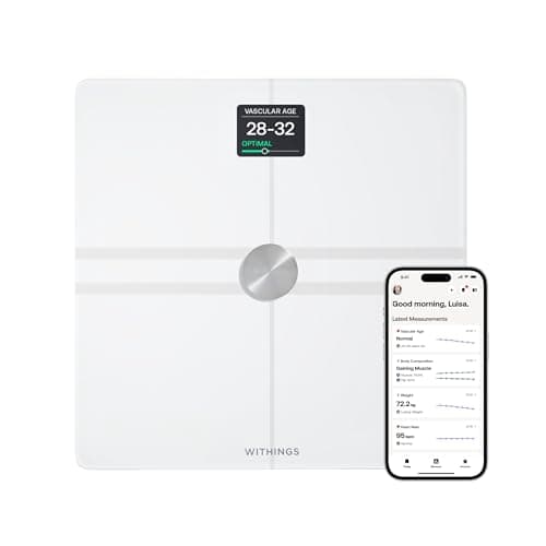 WITHINGS Body Comp - Bilancia pesapersone digitale WiFi con analisi corporea completa: peso, grasso corporeo, grasso muscolare, acqua e tracciamento cardiovascolare, Bilancia impedenziometrica, bianco