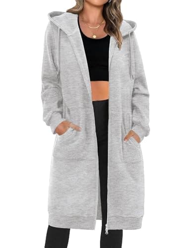 Tuopuda Mujer Largo Sudadera con Capucha Casual Sudadera Larga de Lana con Cremallera Chaqueta de Lana con Bolsillos para Primavera Otoño Invierno Hoodie Suéter(Gris Claro,XL)