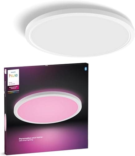Philips Hue Devote Smart LED Panel Light, Ambiente blanco y de color, redondo 43 cm, 23 W, 2900 lúmenes, marco blanco para iluminación interior del hogar, techo, salón, cocina, pasillo