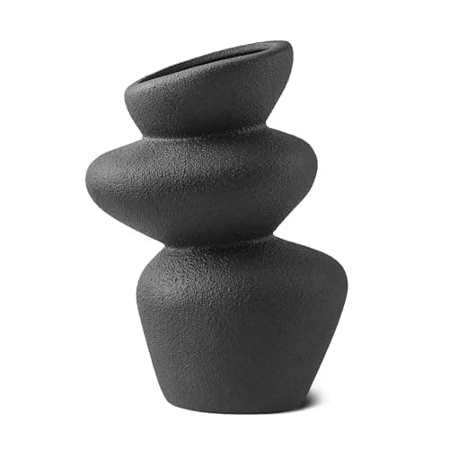 PEUZ Stone Tower Ceramic Vase - Sculptural Ceramic Vase with Rough Stone Texture for Dried Flowers, Pampas Grass, Fresh Flowers or Decorative Object, Handmade, Matt Black, Approx 20cm