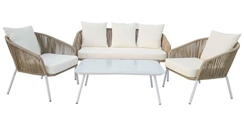 Megashopitalia Set da Giardino in Rattan con Divano 5 Posti Poltrone Tavolino da Caffè (Bianco)