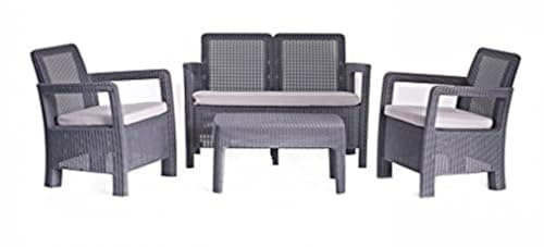 Keter Tarifa Lounge Conjunto de jardín o terraza Exterior 4 plazas y Mesa con Cojines incluidos, Resina con Acabado ratán Redondo, Color Grafito