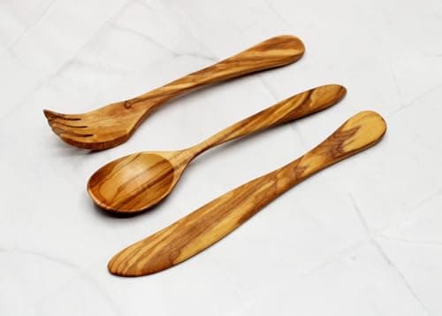 DAGDEG Set di posate in legno d'ulivo, 3 pezzi, 20 cm, posate da tavola mediterranee, posate da tavola in legno d'ulivo, cucchiaio, forchetta, coltello, fatto a mano
