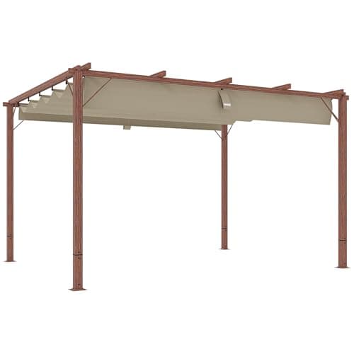 Outsunny Gazebo Pergola 3x4 m con Tetto Scorrevole, Picchetti e Viti, Pergolato da Giardino in Poliestere 180g/㎡ e Alluminio, UV30+, per Patio, Terrazzo, Balcone, Veranda e Esterno, Color Legno