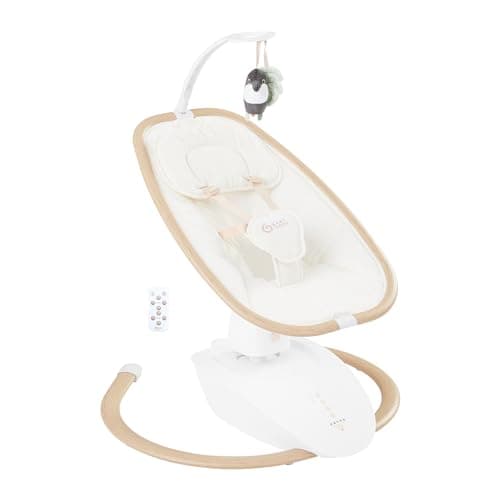 Babymoov Altalena Elettrica per Bambini Swoon Hoop, Design Elegante, Seduta Rotante a 90°, Confortevole e Regolabile, 5 Moviment i di Dondolio, Programmabile, 8 Ninnenanna, Arco Giochi, Sabbia