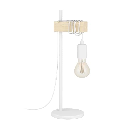 EGLO Table Lamp Townshend, 1 Bulb Vintage Table Light in Industrial Design, Retro Lamp, Bedside Lamp Made of Steel and Wood, Colour: White, Brown, Socket: E27, incl. Switch