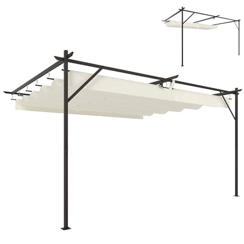 Outsunny Gazebo Pergola Addossata 3x4 m con Tetto Retrattile Scorrevole, Fori di Drenaggio, Pergolato da Giardino in Poliestere e Acciaio, per Patio, Terrazzo, Esterno, UV30+, Bianco Crema