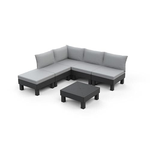 Keter Elements 5 Seater 100% recycled Outdoor Garden Furniture Modular Lounge Set - Graphite with Grey Cushions Fade Free | All Weather Resistant | Easy Clean | Zero Maintenance