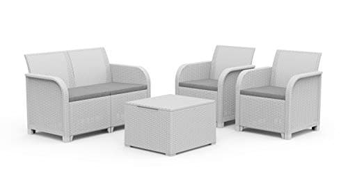 Keter ROSALIE LOUNGE SET con cuscini - Poltrone 65x63x74h Divano 113x65x74h Tavolino contenitore 60x55x39h Bianco