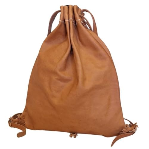 MELONI Borsa Zaino in Pelle, Artigianale, Fatta a mano, Sacca Sarda Tradizionale SA TASCA, Cuoio Naturale con Chiusura a Coulisse