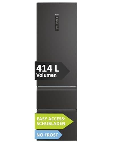 Haier Cool Freezer Combination Black 3D 60 Series 5 HTW5620DNPT I 2.05 m, No Frost I Ergonomic Freezer Drawers I Fridge with Freezer Freestanding Capacity 414 L I Wi-Fi, Smart Fridge Compartments