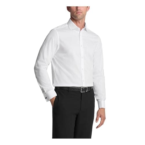 Calvin Klein Men's Non Iron Slim Fit Herringbone French Cuff Dress Shirt, White, Large