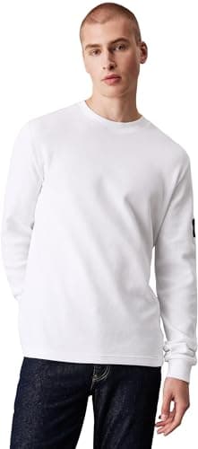 Calvin Klein Jeans Maglietta Maniche Lunghe Uomo Badge Waffle LS Tee Basic, Bianco (Bright White), M