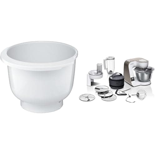 Bosch Küchenmaschine Serie 4 MUM5XW20, Edelstahl-Schüssel 3,9 L & Rührschüssel MUZ5KR1, 3,9 Liter, max. Teigmenge 2,7 kg, spülmaschinengeeignet, weiß, passend für Küchenmaschine Serie 4