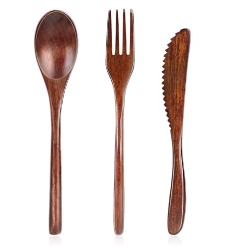 Set di 3 posate in legno, riutilizzabili giapponesi, posate in stile giapponese, cucchiaio portatile, forchetta, coltello, stoviglie da campeggio, stoviglie da viaggio, per cucina, casa, ufficio, idea