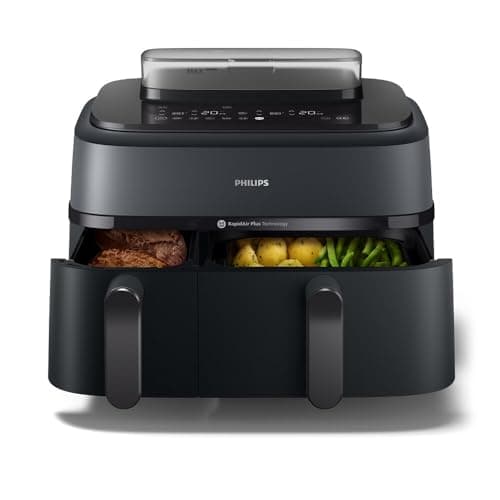 Philips Airfryer Serie 5000 doppio cestello con vapore-Frittura ad aria, cottura a vapore o combinata 19 metodi di cottura; Capacità 9L (3L + 6L), Tecnologia RapidAir Plus, Auto SteamClean (NA550/00)