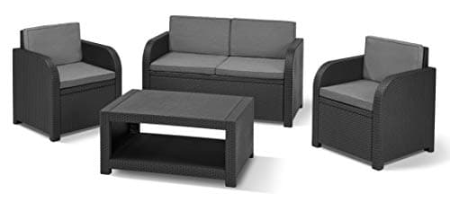 Keter Allibert by Modena - Set di mobili da Giardino in plastica, con Cuscino, 4 Pezzi, 2 poltrone, Divano e Tavolo, per Giardino, Balcone e terrazza, Effetto Rattan Piatto