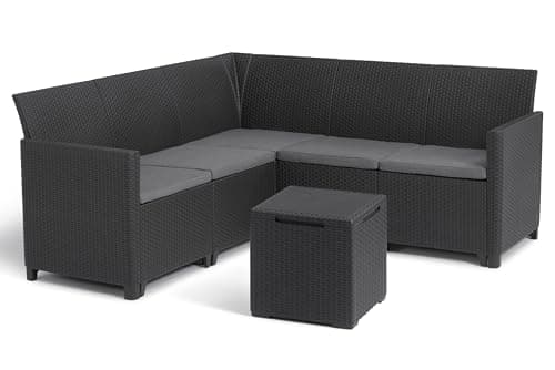 Keter Nora - Ecksofa für Garten oder Terrasse, 5-Sitzer, mit Kissen und Beistelltisch mit 35 l Stauraum, Farbe Graphit