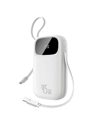 Baseus Powerbank 45W 20000mAh con 2 Cables USB-C Integrados, Power Bank PD3,0 QC4,0 Baterías Externas Carga Rapida, 3 C 1 A, Cargador Portátil para iPhone 16/15/14 Pro MAX, Samsung, Blanco