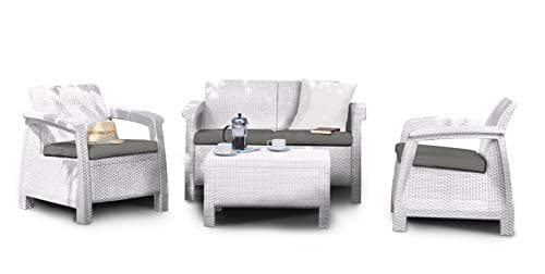 Keter Corfu Lounge Set Mobili da Esterno in Rattan con Divano 2 Posti 2 Poltrone e Tavolino, Bianco, 50X168X75 Cm