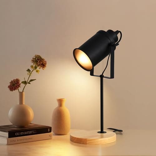 Pheashine Lámpara de Mesa Industrial con Base de Madera, Lámpara de Noche Moderna Negro E27 con Pantalla Orientable, Lámparas de Escritorio para Salón Dormitorio Oficina, sin bombilla