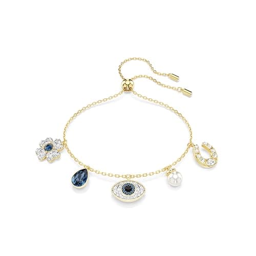 Swarovski Pulsera Symbolica, Perla de cristal, Trébol, ojo turco y herradura, Azul, Baño tono oro