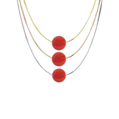 Catenina argento 925 rodiato dorato o ramato con ciondolo sfera pallina 6 mm corallo naturale rosso pendente minimal gioiello artigianale ragazza donna elegante (Argento dorato)