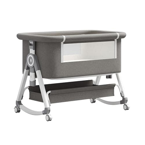 GLOKID Cuna de Noche 3 en 1，Cuna de Cabecera，con Colchón，Altura e inclinación Ajustables, 4 Ruedas bloqueables，Mosquitera，Lavable (Gris)