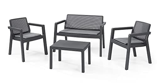 Keter Emily Lounge Set, Mobili da Giardino Superficie Liscia con Divano 2 Posti 2 Sedie E Tavolino, Grafite