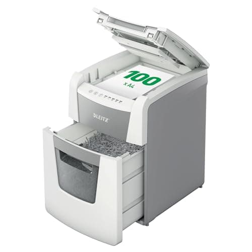 Leitz IQ Autofeed Small Office Cross Cut Paper Shredder P4, Automatic, 100 sheet, 34 Litre Bin Capacity, White, 80110000