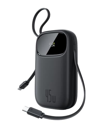 Baseus Powerbank 45W 20000mAh con 2 Cables USB-C Integrados, Power Bank PD3,0 QC4,0 Baterías Externas Carga Rapida, 3 C 1 A, Cargador Portátil para iPhone 17/16/15 Pro MAX, Samsung, Negro