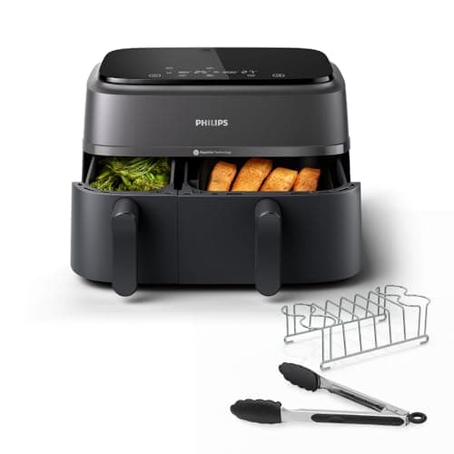 Philips Dual Basket Airfryer 3000 Series, 9L, 2 Drawer Air Fryer, with Breakfast Kit, Rapid Air Technology, Versatile Large Air Fryer for Family, 99% Less fat and Energy Saving, HomeID App (NA350/03)
