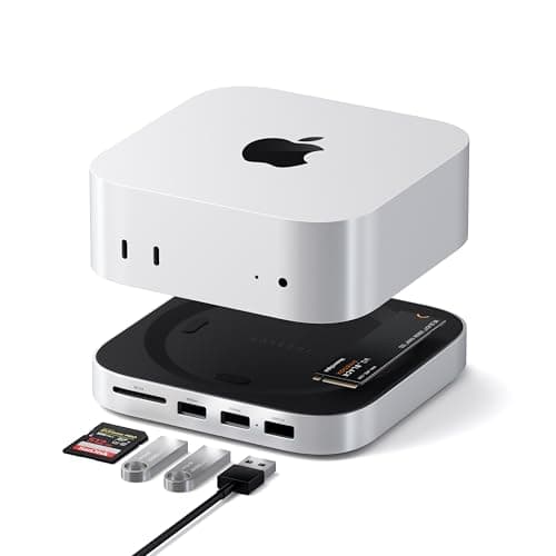 SATECHI Mac Mini M4 Hub & Soporte con Carcasa SSD NVMe, Dock en Aluminio con 2X Puertos USB-A 10 Gbps, 1x USB-A 480 Mbps, Lector SD y Ventilación Optimizada, para Mac Mini M4 y Pro