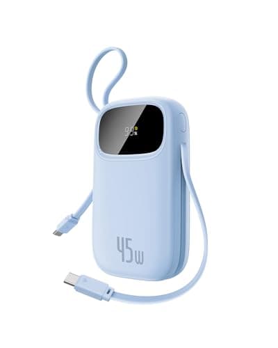 Baseus Powerbank 45W 20000mAh con 2 Cables USB-C Integrados, Power Bank PD3,0 QC4,0 Baterías Externas Carga Rapida, 3 C 1 A, Cargador Portátil para iPhone 16/15/14 Pro MAX, Samsung, Azul