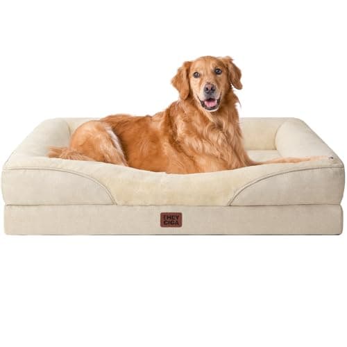 EHEYCIGA Memory Foam Cuccia Cane Interno Taglia Grande, Impermeabile Divano per Cani Sfoderabile e Lavabile, Letto per Cani con 4 Bordi Rialzati, Beige, 106.5x76x18.5cm
